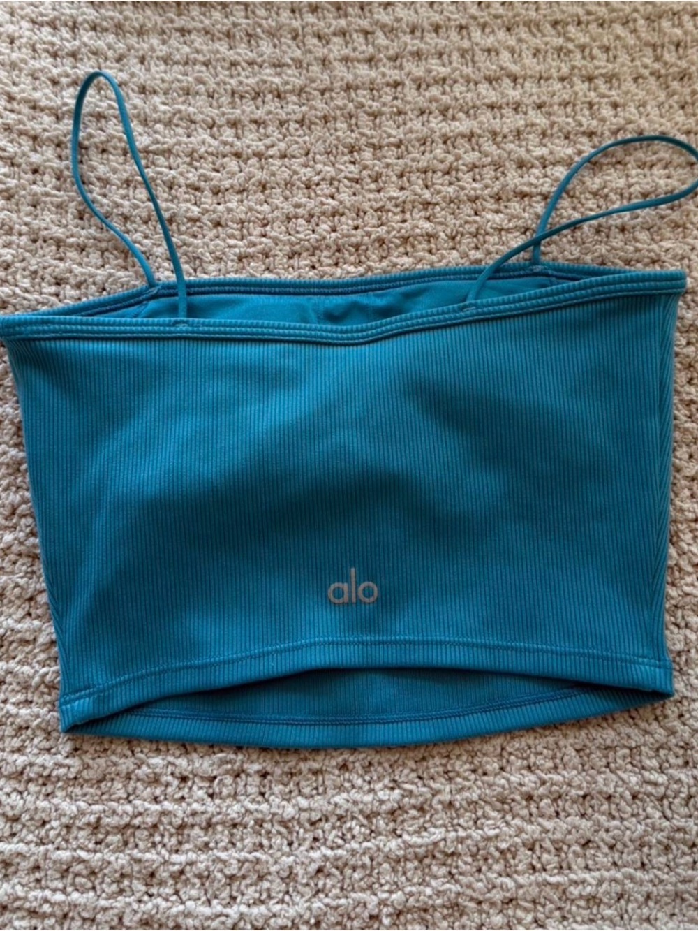 ALO Goddess Ribbed Yoga Teal Ribbed Spaghetti-Strap Crop Top